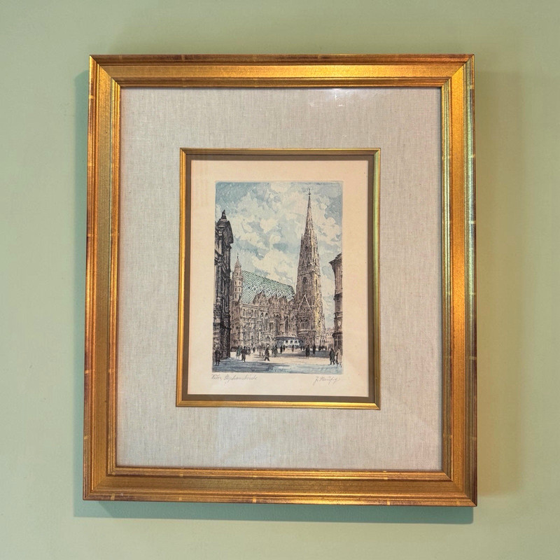 Signed Hand Colored Etching St. Stephen’s Cathedral Vienna Austria J Raufig