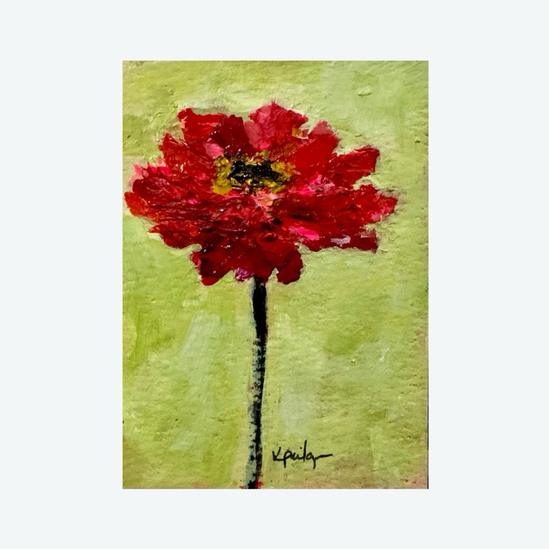ACEO ATC Limited Edition Art Print /8 Red Zinnia Flowers Floral Bouquet Flower