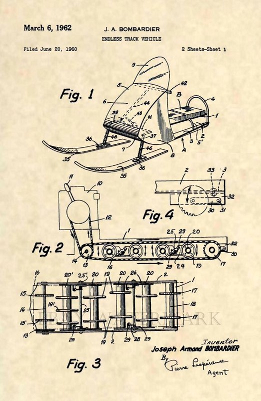 Vintage Snowmobile US Patent Art Print – Original Antique Snow Machine 1962 239