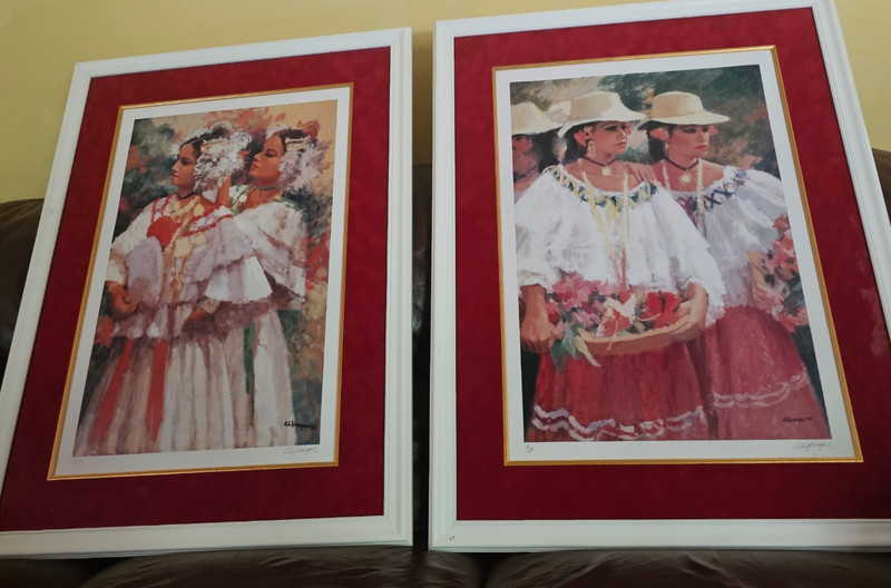 Al Sprague Hand Signed Print Set Pair Panama Pollera Dancers Framed Matched 1995