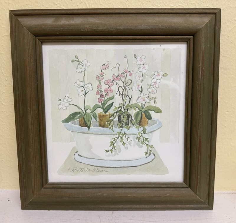 C WINTERLE OLSON 11”x 11” Frame of 8”x 8” Print Pink & White Orchids in Planter