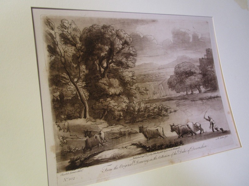 1775 John Boydell Claude Lorrain – Peasants Driving Cattle antique etching