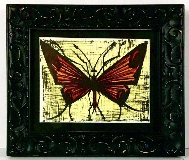 Bernard Buffet 1968 Original Lithograph “Orange Butterfly” Framed COA