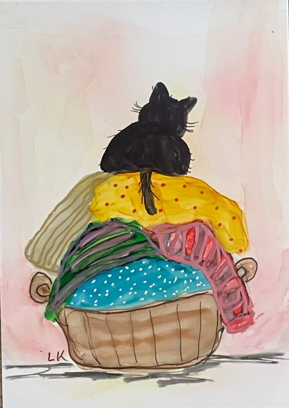ACEO art PRINT black Cat laundry basket by Lynne Kohler 2.5×3.5″