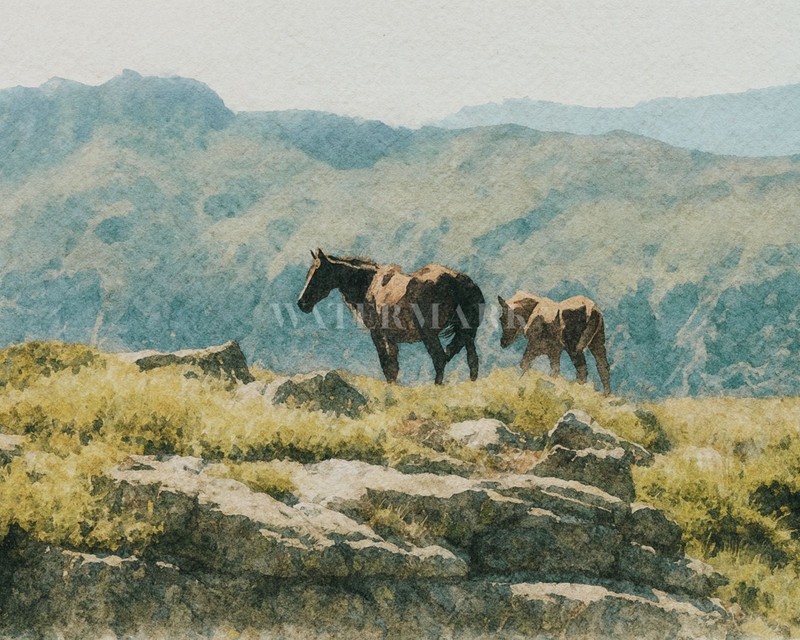 Mountain Landscape with Horses Watercolor Painting Print Fine Art Paper