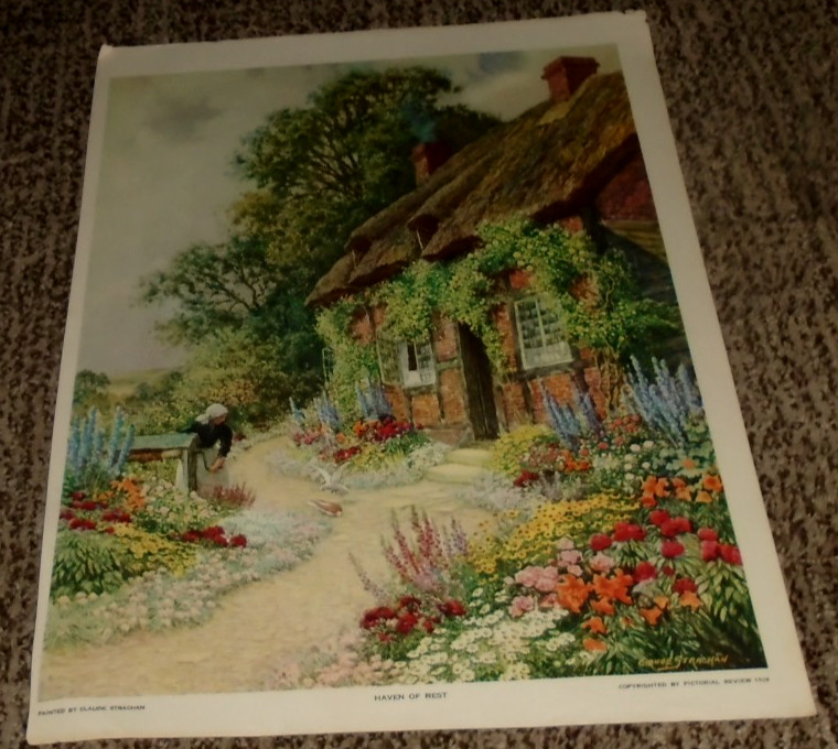 Claude Strachan Cottage Lady Feeding Birds Flowers 14"x10" Print VTG FREE SHIP gallery
