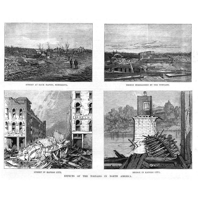 Effects of the Tornado in Kansas & Minnesota – Antique Print 1886