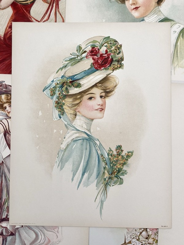 6 Antique Art Nouveau Lady Portrait Lithographs c.1905 Edwardian Fashion gallery