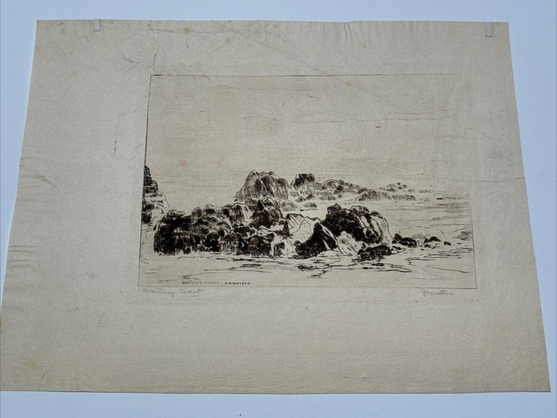ANTIQUE MONTEREY COAST ETCHING HISTORIC EARLY CALIFORNIA LANDSCAPE BEACH WATSON