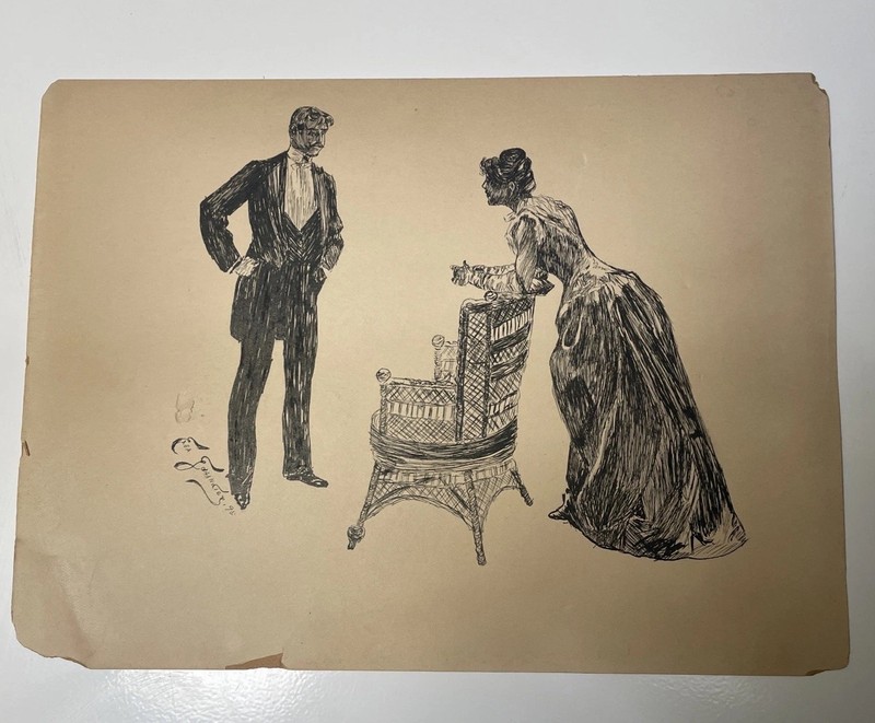 1895 Gibson Girls style pen and ink? signed Elsa Gahindier?