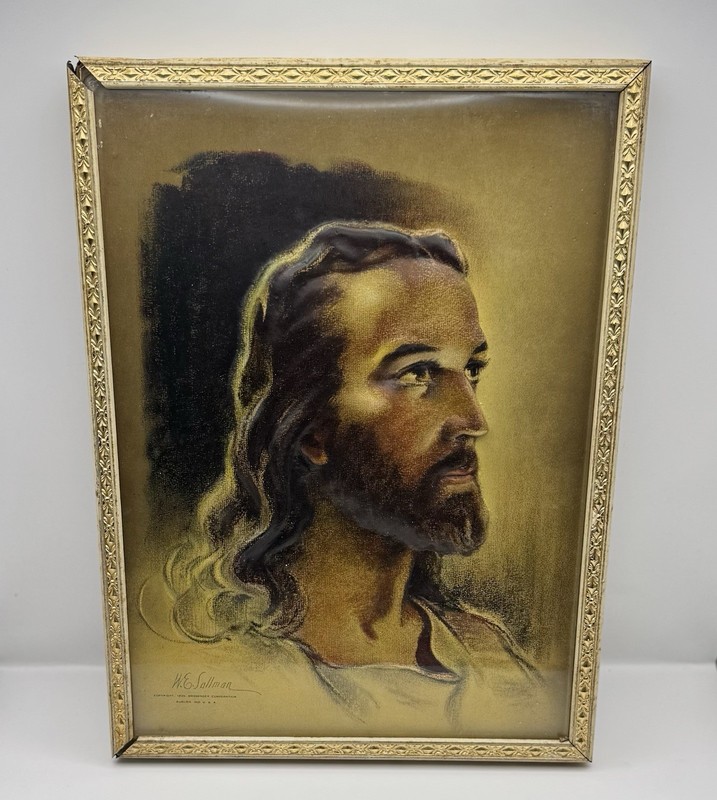 Vtg 9×12 3D Picture of Jesus Christ by Warner Sallman Litho Print Framed 1935