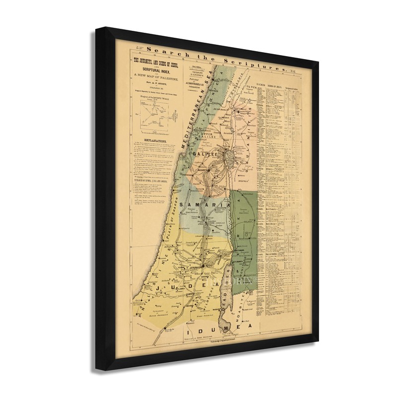 1881 The Journeys and Deeds of Jesus Christ Map - Framed Vintage Wall Art Poster