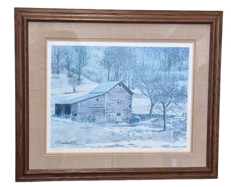 Vintage Winter Barn Print by Richard W Plasschaert Signed Numbered