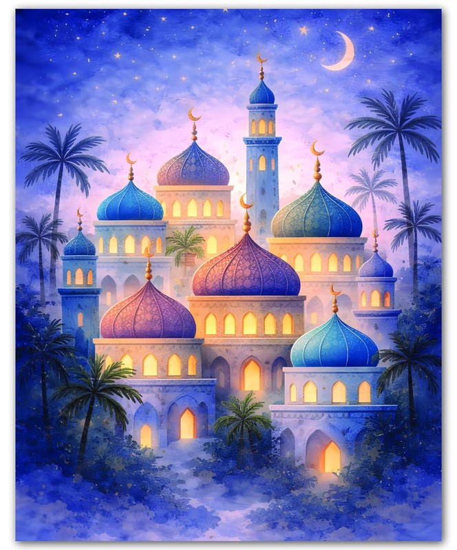 Islamic Blue Night Mosque for Living Room 8×10 Muslim Print Wall Art Poster