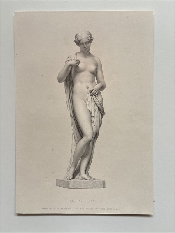 Antique Engraving female Nude figure lost in thought, embodying the romanticism