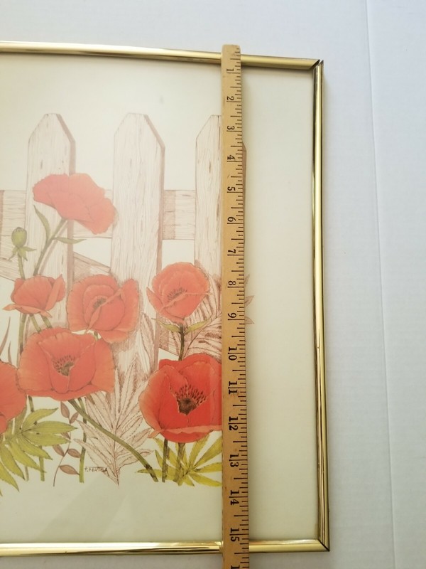 VTG Frank Massa Red Poppies Apples Cottage Core Yard Painting Print Signed gallery