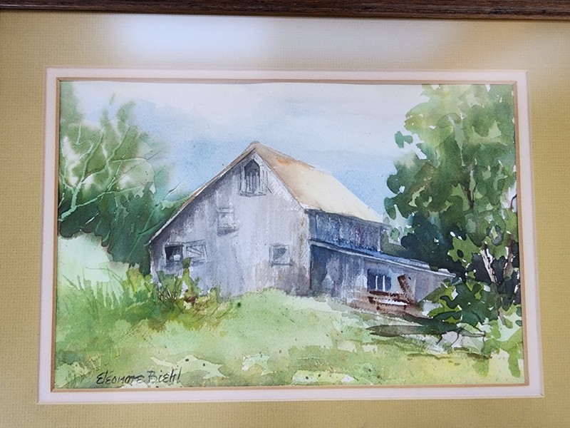 Eleonore Biehl framed art watercolor painting? old barn farmyard scene Missouri