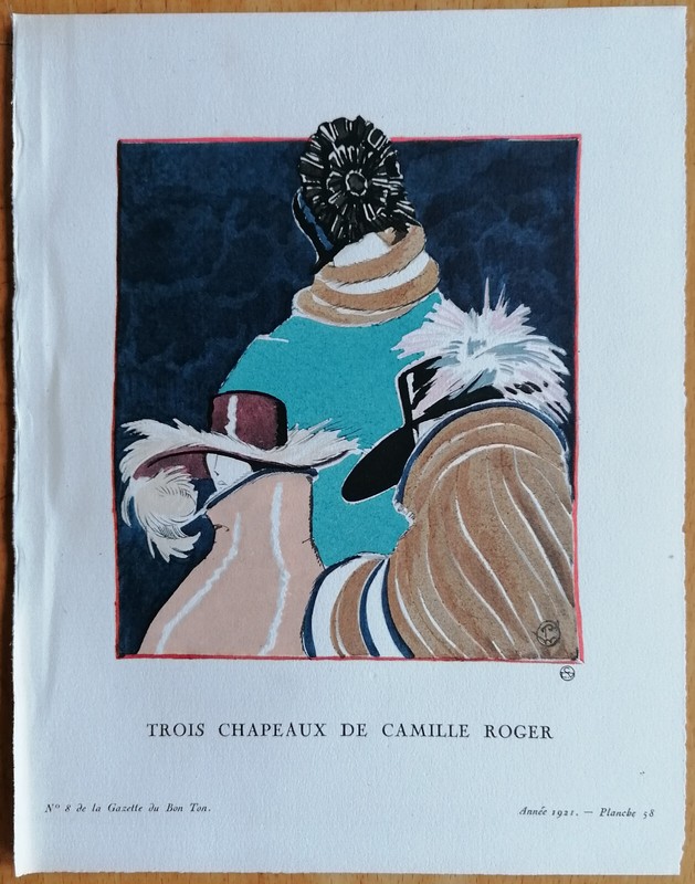 Art Deco Gazette de Bon Ton Pochoir Trois chapeaux de Camille Roger – 1920