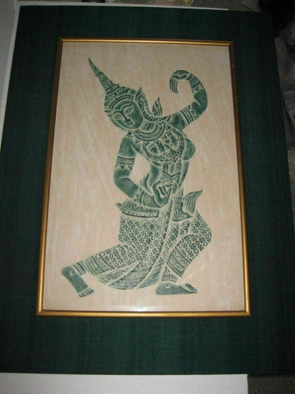 Large Vintage Green Ink Thai Temple Rubbing Framed «Female Classic Dancer»