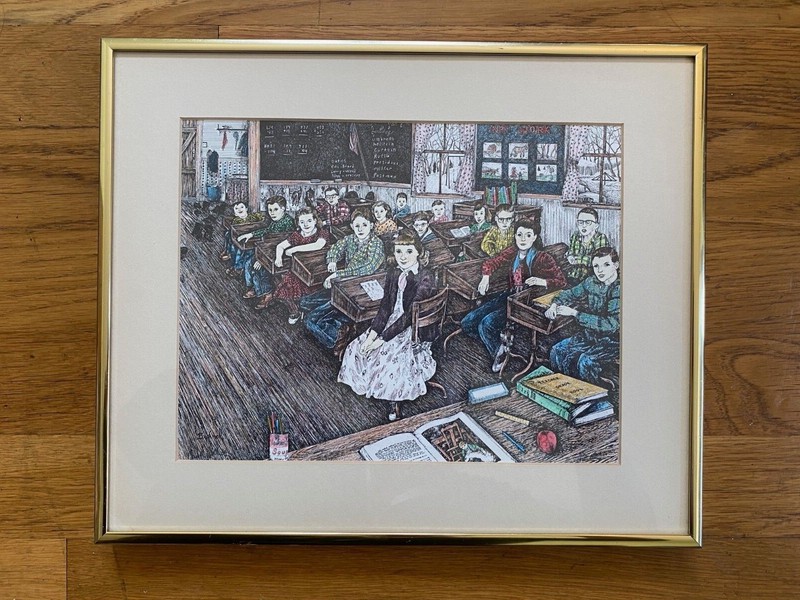Vintage 1980s Bicknell Hand Colored Fine Art Framed Lithograph School Classroom