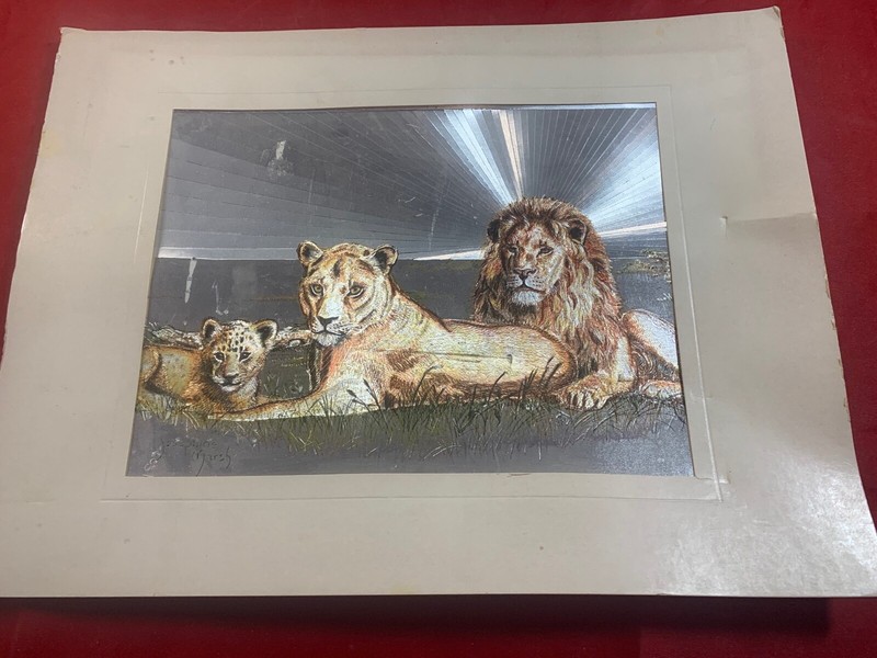 Josephine Marsh Silver Foil Art Lion Family 8″ X 6″ WITH MAT 12″ X 9″