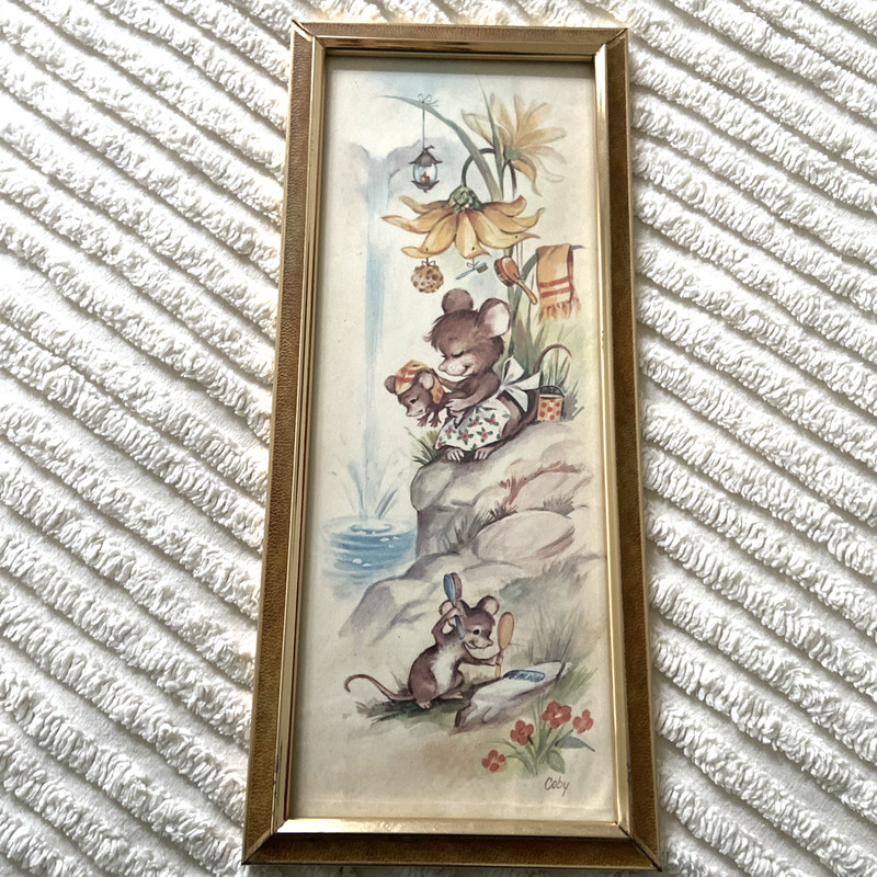 Vintage Kitsch Art Coby Mice Bathing Bathroom Print Anthropomorphic Framed 16×7