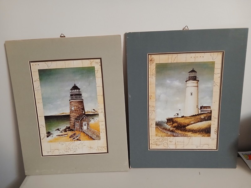 Lot of 2 Lighthouse matted paintings Atlantic Island and Beach House pics