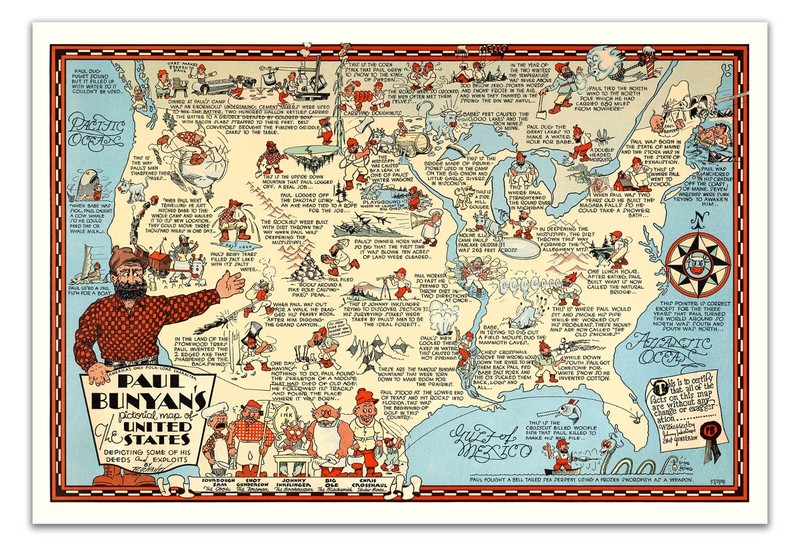 Paul Bunyan's pictorial map of the United States Illustrated Map Poster