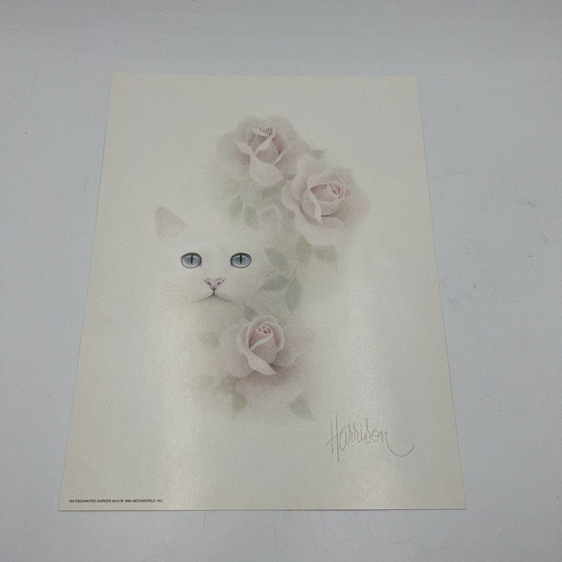 Bob Harrison Lithograph White Cat Prints (7) with Flowers 9x12 Vintage 1984 1982 gallery