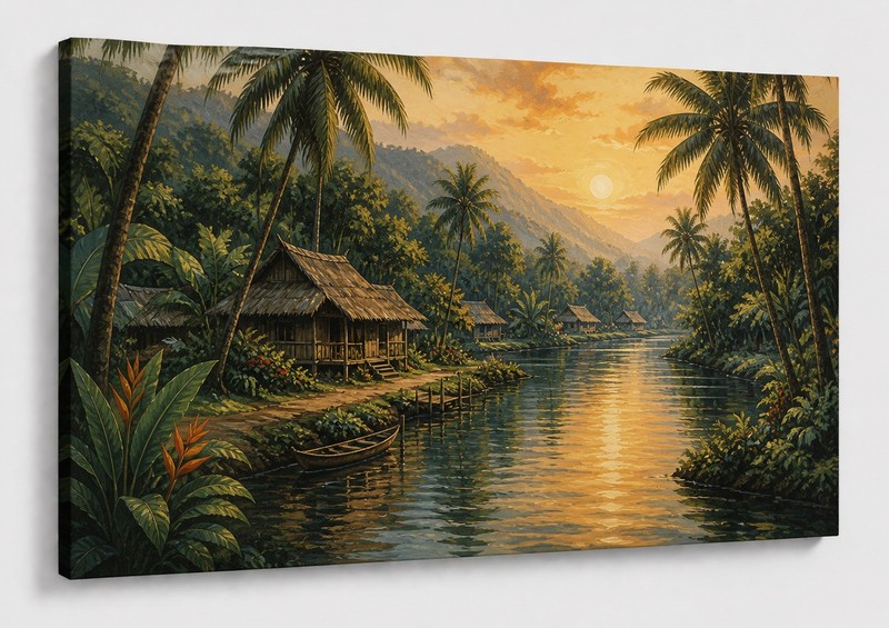 ICE ARMOR Large Canvas 24×36″ Tropical River Village Wall Art Jungle Water