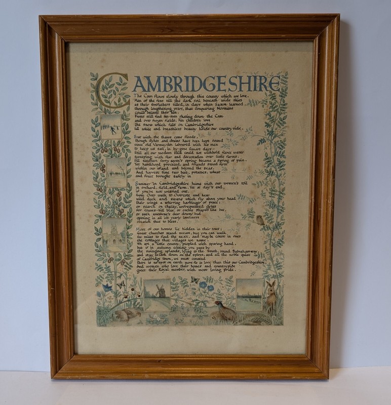 Cambridgeshire Framed Poem By DAG? Vintage Calligraphy Illustrated 12×15″ GC