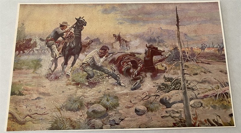 1940's-50's era Western Print Cowboys shooting Russell 13 7/8" by 8 1/2"
