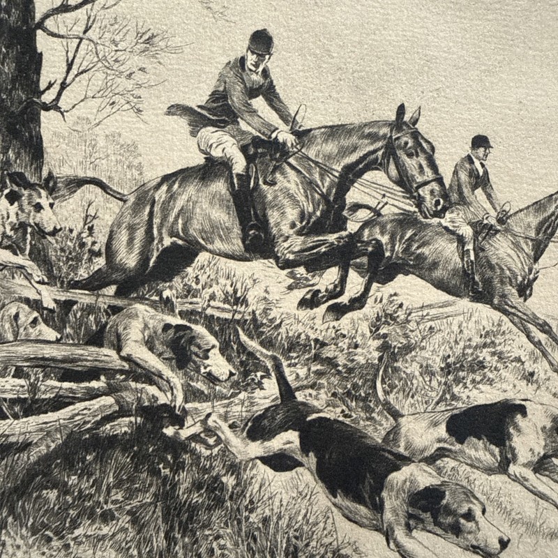 Antique Equestrian Etching “Temptation» by Reinhold H. Palenske Fox Hunt