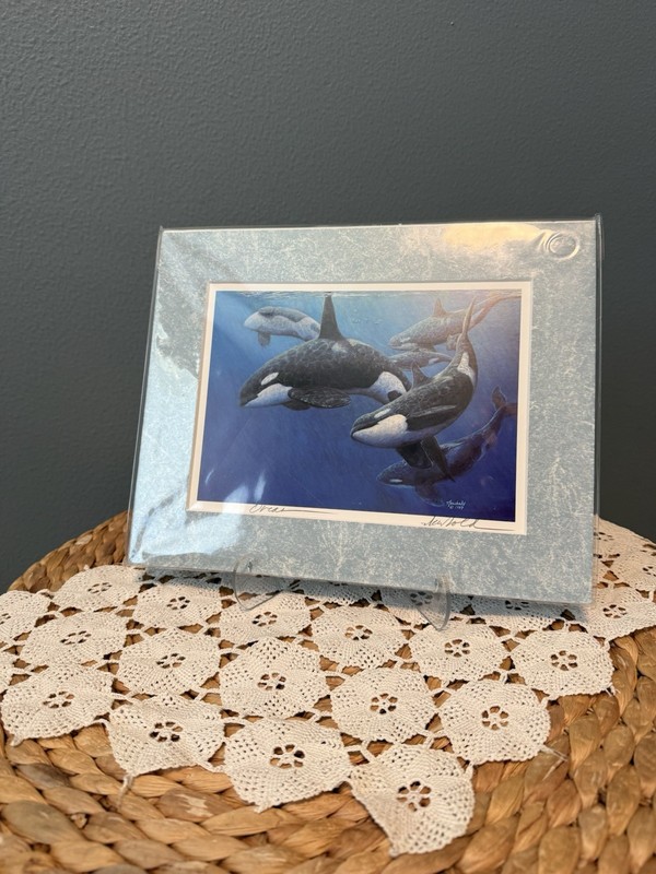 Ed Newbold “Orcas” Signed Print Matted 8×10 Killer Whale Wildlife Art 1987 NOS