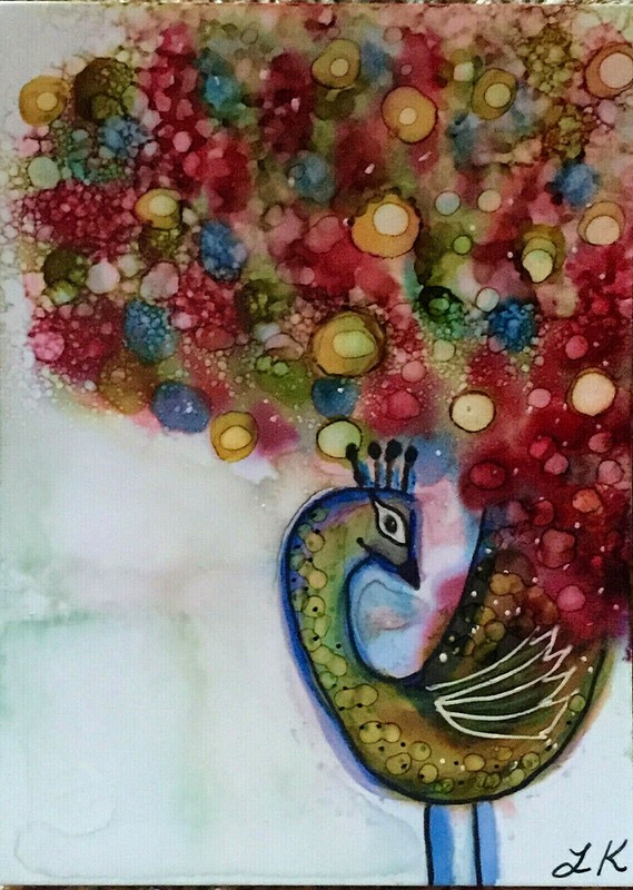 ACEO art Print bird peacock showy feathers by Lynne Kohler 2.5×3.5″
