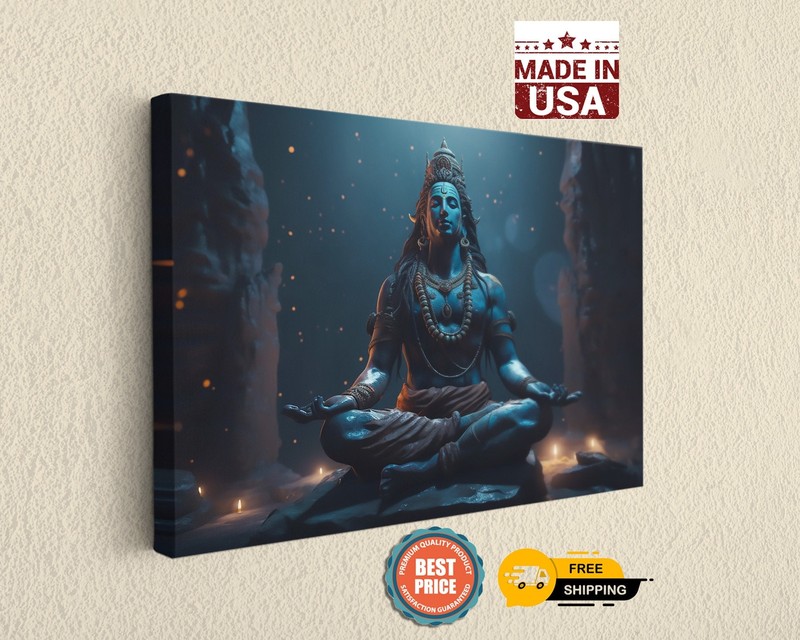 Lord Shiva Canvas Blue Sitting Lotus Position Art Print Home Decor