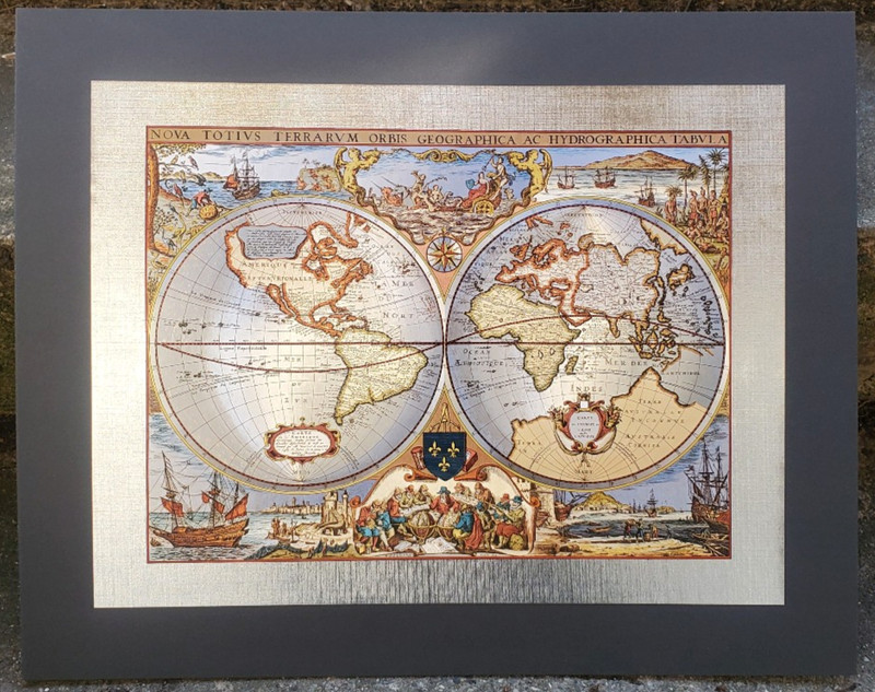 Nova Totius – Silver Metallic Foil Finish World Map Print Mounted on Board 20×16