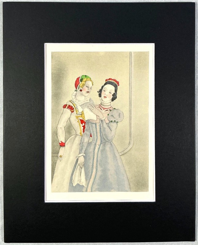 Art Deco: Secret Message, Umberto Brunelleschi Original Pochoir 1948, 8×10 Mat