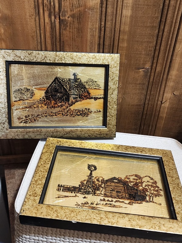 Vtg 70’s/80’s Framed Gold Tin Foil Sketch Art Country Farm Decor 5×7 Set Of 2