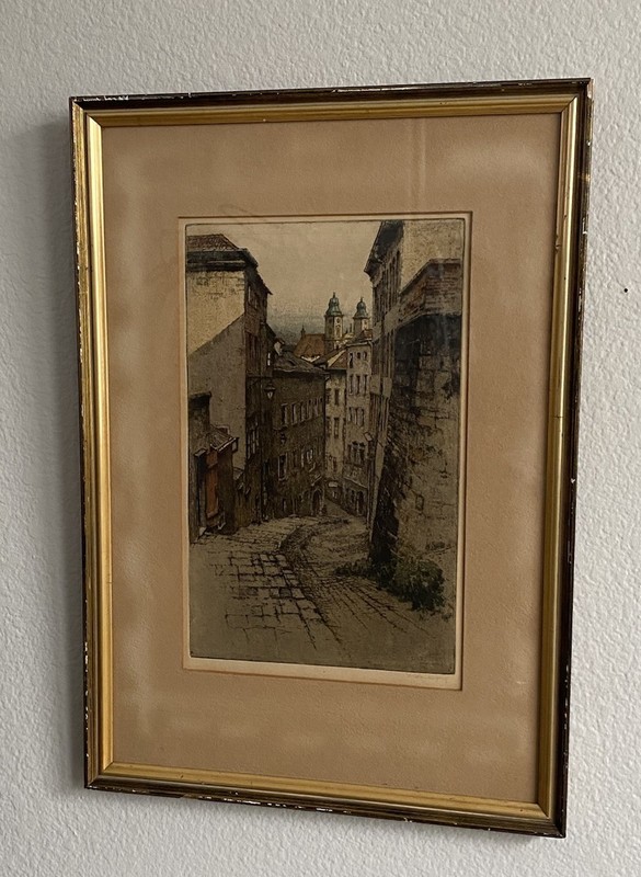 Josef Eidenberger Linz Hofgasse Etching Signed 1960 Austrian Street Scene