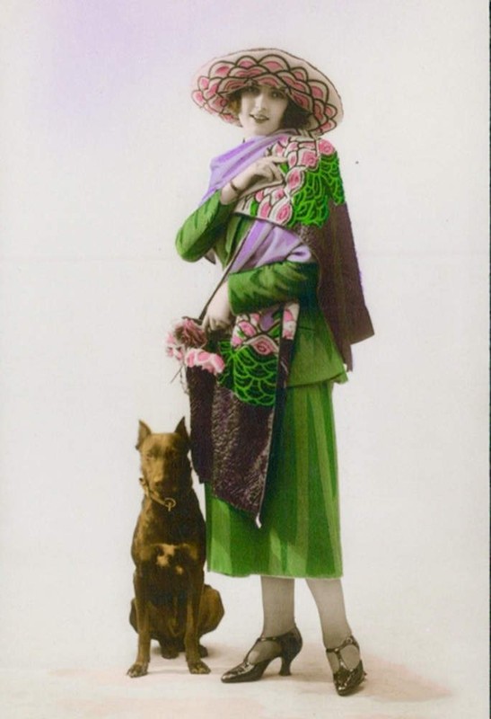 Beautiful early 1900s Lady in Green with Doberman