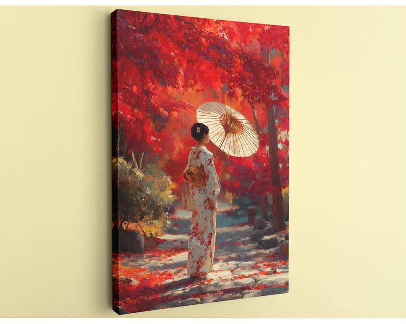 Kimono Woman Wall Art Japanese Autumn Garden Canvas Print Red Maple Leaves