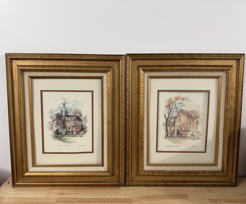 The Capital &Bruton Parish Church Coby Carlson Framed Williamsburg VA Watercolor