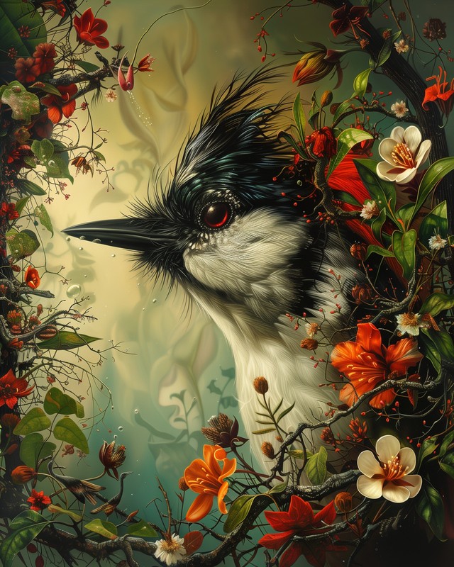 8x10 Art Print Bird Black Face Flowers Head Surrounded White - 31396518