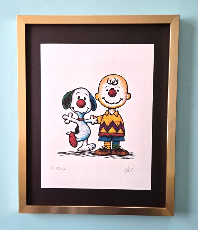 AIDAN FLUX | Hand Signed Authentic Print Framed Snoopy and Charlie Brown COA