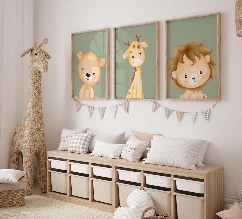 Prints Children’s Bedroom Wall Art Posters 3 Set Sage Animals Baby Nursery Print