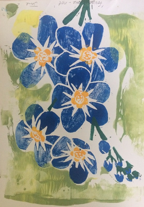 Forget-me-not - Linocut Print Hand Pressed with paint and ink.