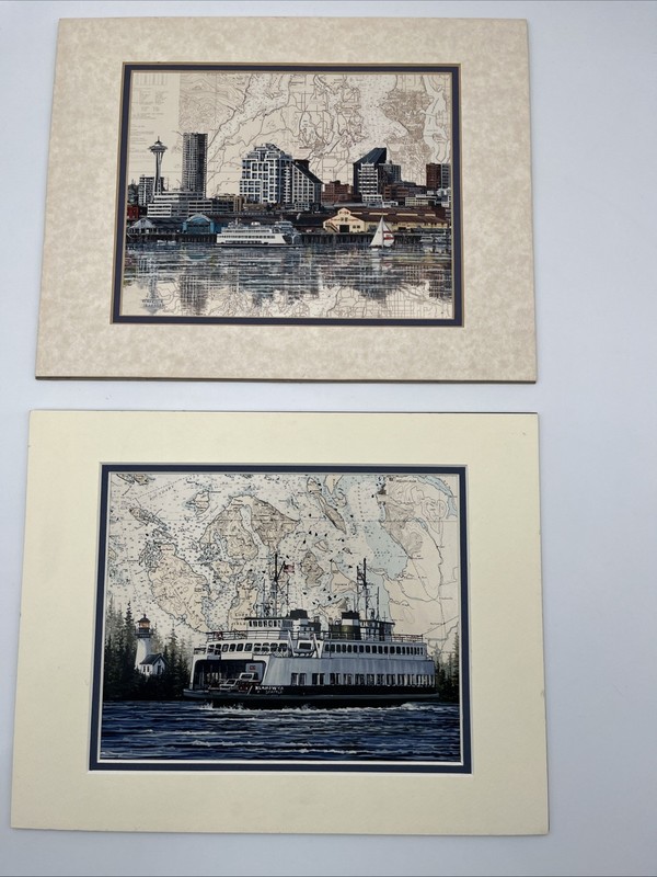 SET of 2!! Seattle Waterfront, Space Needle & Klahowya Ferry By Betty Vestuto