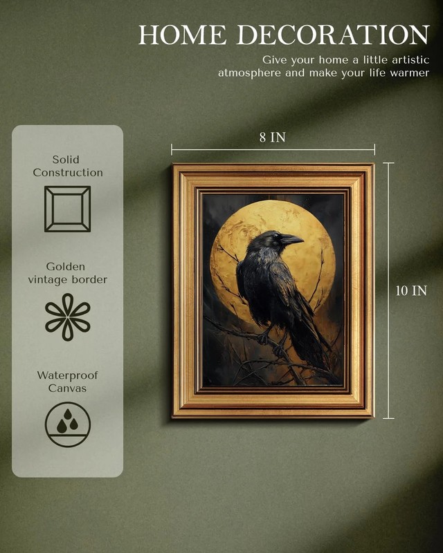 Vintage Gold Framed Raven Wall Art 8x10 Inch Gothic Crow Illustration with Full gallery