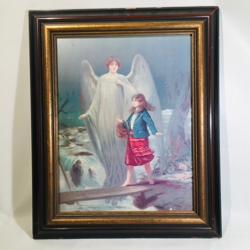 Victorian Lithograph Print "Guardian Angel With Girl" 14x18 Framed Vintage 50s